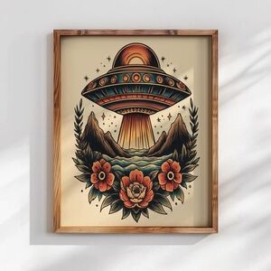 UFO Wall Art, Retro Alien Spaceship Illustration, Vintage Sci Fi Artwork, Floral